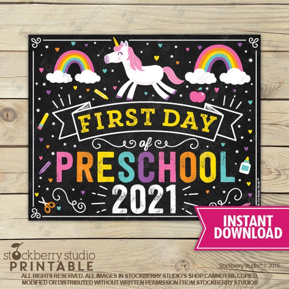 Unicorn First Day of Preschool Sign Girl First Day of Pre-school Rainbow First Day of School Sign Printable Instant Download Digital Il_570xn