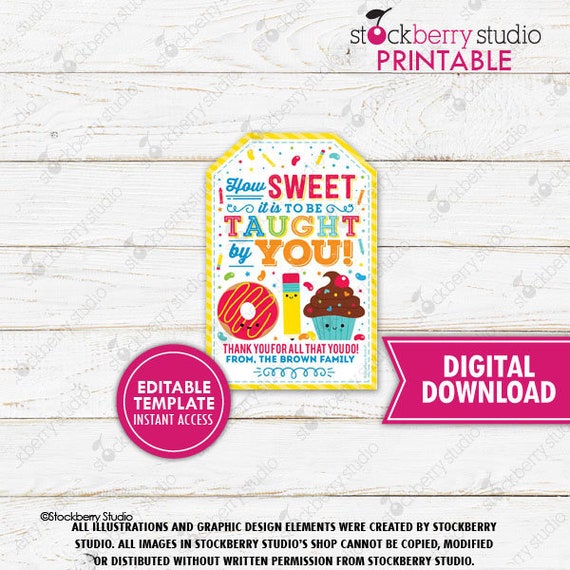 Teacher Gift Tags Teacher Candy Cupcake Cookie Tag How Sweet it is to be Taught by You Tag Teacher Appreciation Thank You Printable Editable Il_570xn