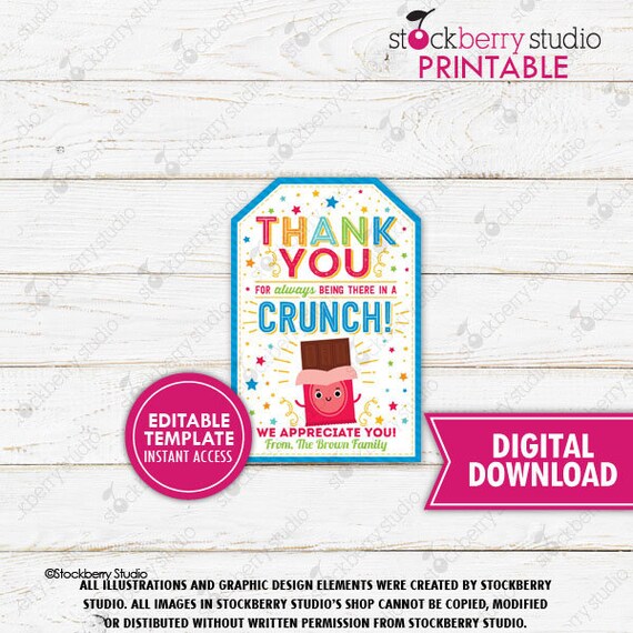 Chocolate Gift Tag Candy Thank You for Always Being There in a Crunch Teacher Appreciation Gift Staff Employee Printable Editable Template Il_570xn
