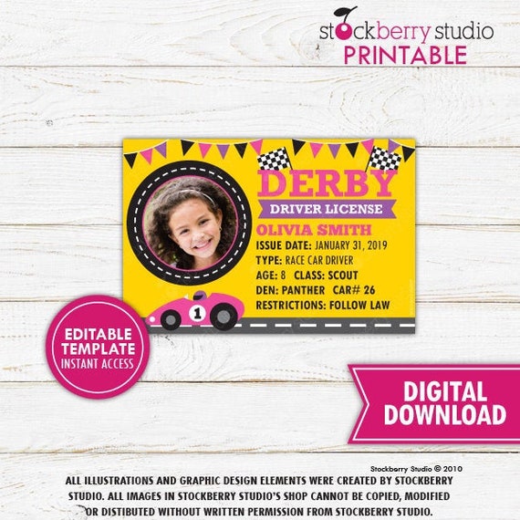 Girl Derby Pit Driver License Printable Scout Activities Kids Racer License Race Car License Birthday Party Editable Instant Download Il_570xn