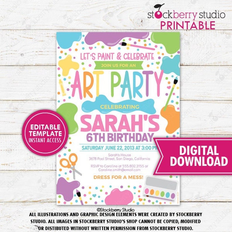 Art Party Birthday Invitation Editable Pastel Rainbow Party Painting Dress for a Mess Art Birthday Invite Paint Party Craft Party Digital image 2