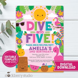 Puede incluir: Una invitación rosa para una fiesta de cumpleaños con las palabras "DIVE INTO FIVE!" y "AMELIA'S 2ND BIRTHDAY" en texto colorido. El diseño incluye un sol sonriente, gafas de sol, un flamenco y elementos tropicales.