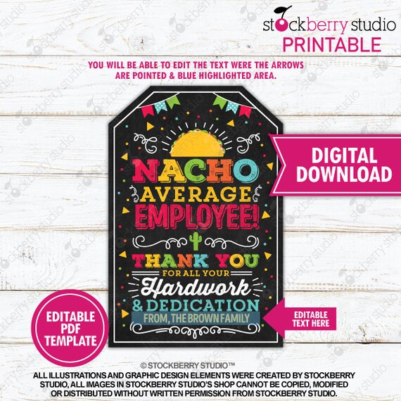 Nacho Average Employee Thank You Tags Printable Mexican Themed Staff Team Appreciation Gift Tag Fiesta Favor Instant Download Editable Il_570xn