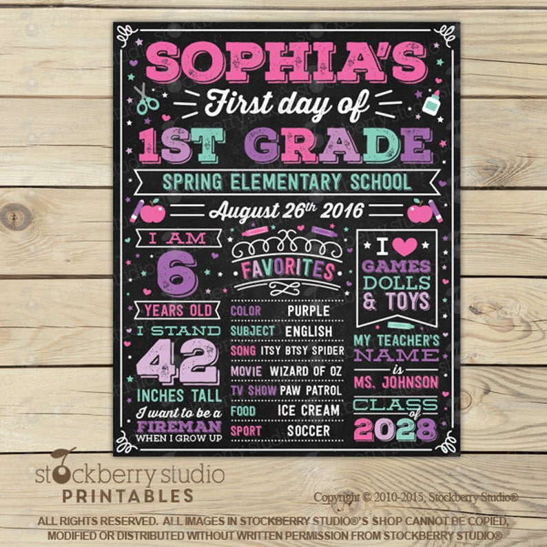 Girl First Day of School Sign Printable 1st Day of School Sign Back to School Sign First Day of School Chalkboard for Girls Kindergarten Pic11:Sophia-PikPurB
