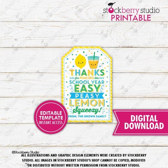 Teacher Appreciation Tag Easy Peasy Lemon Squeezy Teacher Gift Tags End of the Year Gift Tag Teacher Thank You Tag Printable Editable Il_570xn