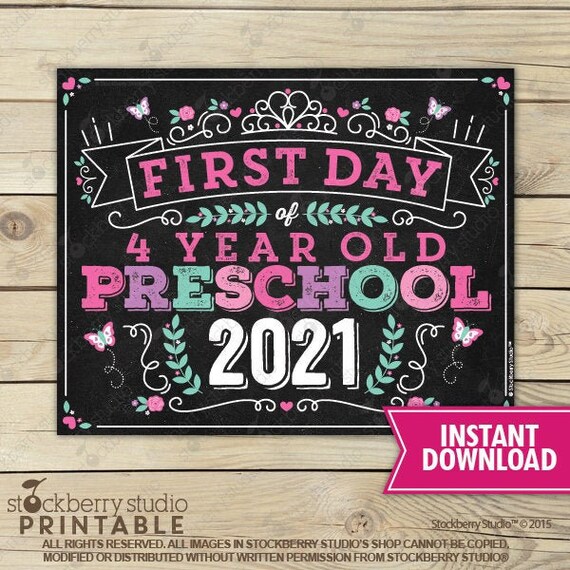 Princess First Day of 4 Year Old Preschool Sign Instant Download Girl First Day of Preschool Sign Printable First Day of School Sign Il_570xn