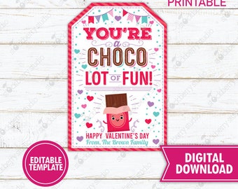 Valentines Day Chocolate Gift Tag Valentine Thanks a Choco-Lot of Fun Label Employee Teacher Appreciation Company Staff School Editable