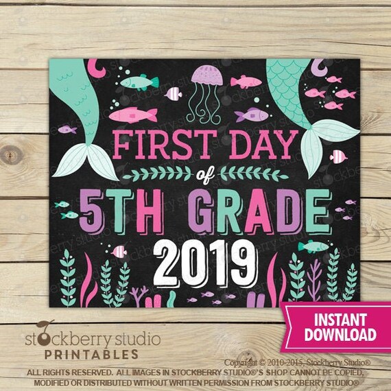 Mermaid First Day of 5th Grade Sign Instant Download - Girl First Day of 5th Grade Sign Printable - First Day of School Sign Back to School Il_570xn