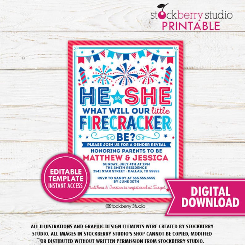 4th of July Gender Reveal Invitation Firecracker He or She Baby Gender Reveal Fourth of July Baby Shower Invite Printable Template Editable image 1