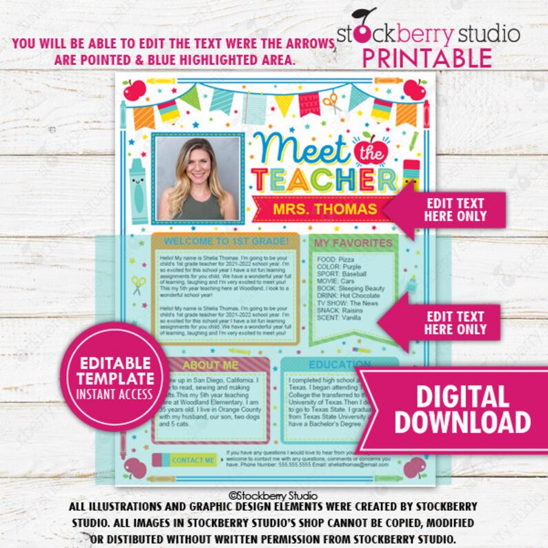May include: A printable "Meet the Teacher" template with a photo of a woman, Mrs. Thomas. The design includes editable sections for personal information, favorites, and education, with a digital download option. The template is decorated with colorful illustrations.