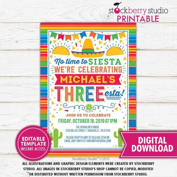 Three esta Invitation 3rd Birthday Fiesta Three-esta Invitation Printable Fiesta Birthday Invite Editable Threeesta Mexican Instant Download Il_570xn
