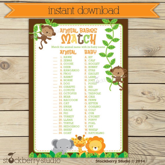 Safari Baby Shower Animal Match Game Printable - Instant Download - Neutral Baby Shower Games Printable - Jungle Baby Shower Activities Il_570xn