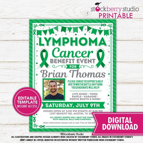 Lymphoma Cancer Benefit Fundraiser Flyer Printable Green Ribbon Charity Church Fundraiser Event Poster Awareness Editable Template Digital