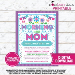 Muffins with Mom Invitation PTA School Flyer Mother's Day Brunch PTO Fundraiser Lunch Mom Appreciation Breakfast Printable Instant Editable Morning with Mom