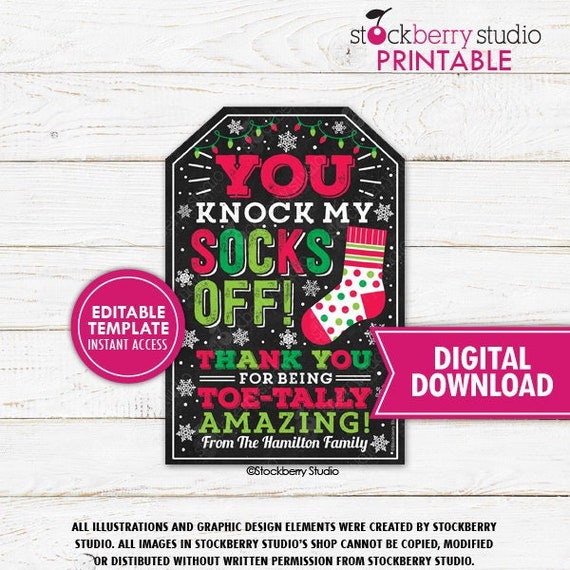 Christmas Sock Gift Tag Thank You Toe-Tally Amazing Label Printable Mani Pedi Staff Employee Nurse Teacher Appreciation Editable Template Il_570xn