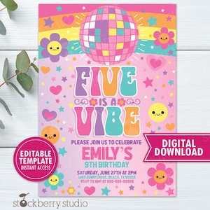 Five is Vibe Invite Disco 5th Birthday Invitation Girl Groovy Hippie Retro 70s Tween Teen Kids Dance Party Editable Instant Download