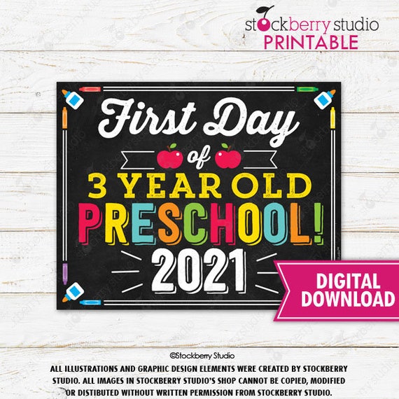 First Day of 3 year old Preschool Sign Printable 1st Day of Preschool First Day of School Sign Chalkboard Sign Instant Download Il_570xn