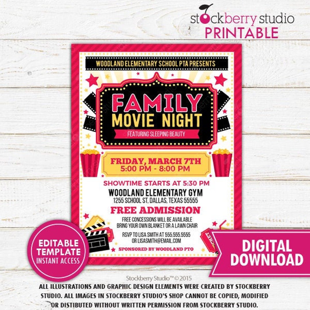 Family Movie Night Flyer Church Movie Event School Fundraiser PTO PTA