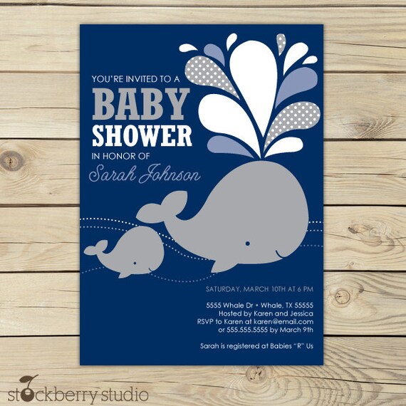 Boy Whale Baby Shower Invitation Printable - Navy Blue Gray - Boy Whale Baby Shower Invites - Nautical Baby Invitation - Summer Baby Shower Il_570xn