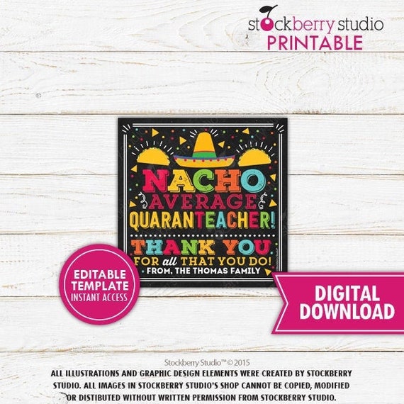 Nacho Average Quaran-Teacher Fiesta Tag Quarantine Teacher Appreciation End of School Thank You Gift Tag Printable Editable Il_570xn