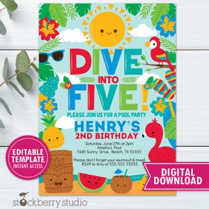 Puede incluir: Una colorida invitación para una fiesta en la piscina con el texto "Dive into Five!" y "2nd Birthday de Henry". El diseño incluye un sol, un loro, un flamenco y elementos tropicales. Descarga digital.