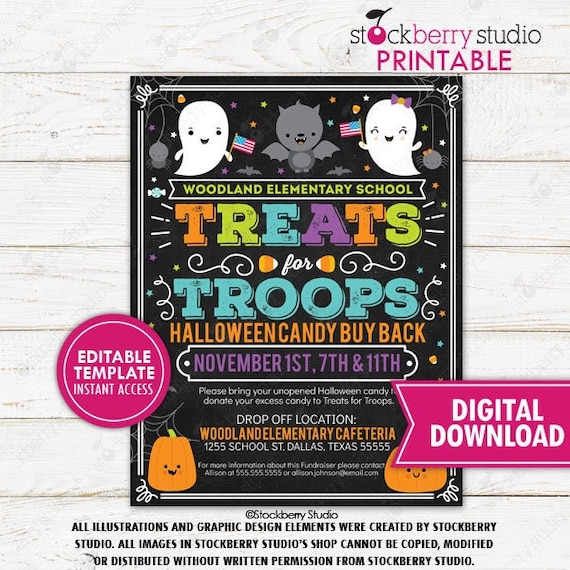 Treats For Troops Flyer Halloween Candy Drive Buy Back Military Fundraiser Church School Community Event Printable Editable Digital Il_570xn