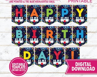 Laser Tag Bowling Birthday Party Garland Banner Printable Boy Neon Glow Arcade Games Decor Boys Digital Instant Download Editable Template