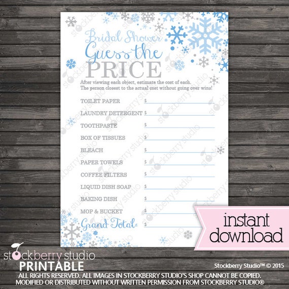 Winter Bridal Shower Games - Price is Right Game Printable - Blue Gray Snowflake Bridal Shower - Instant Download - Winter Wonderland Il_570xn