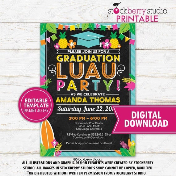 Luau Graduation Invitation Printable Beach Theme Grad Tropical High School Senior College Graduate Invite Editable Digital Download Il_570xn