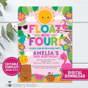 Peut inclure: Invitation d'anniversaire rose avec l'inscription "FLOAT INTO FOUR" en couleurs vives. L'invitation présente un soleil, des lunettes de soleil, un flamant rose et d'autres illustrations tropicales. Le texte comprend les détails de la fête.
