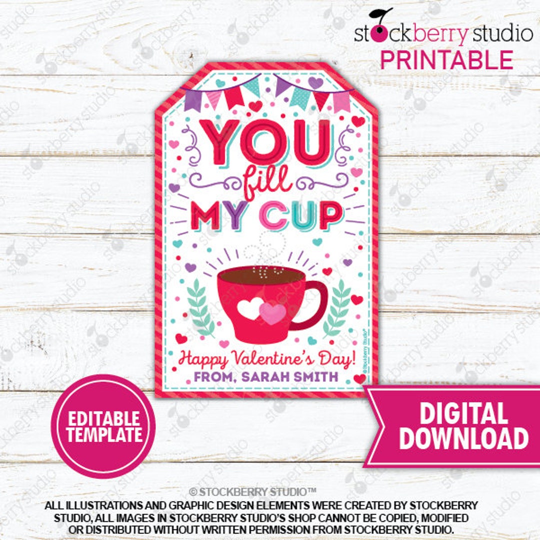 Valentine You Fill My Cup Tag Printable Drink Valentine's Day Tags ...