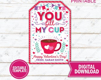 Valentine You Fill my Cup Tag Printable Drink Valentine's Day Tags Preschool Kids Classroom Non Candy Digital