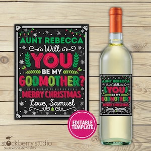 Etiqueta de vinho para madrinha de Natal para impressão Você será minha madrinha Presente de Natal Padrinho Padrinhos Presente de Natal Modelo editável