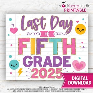 Chica Último día de 5to grado Signo Último día de clases Signo imprimible Último día de clases 5to grado Signo Último día de quinto grado
