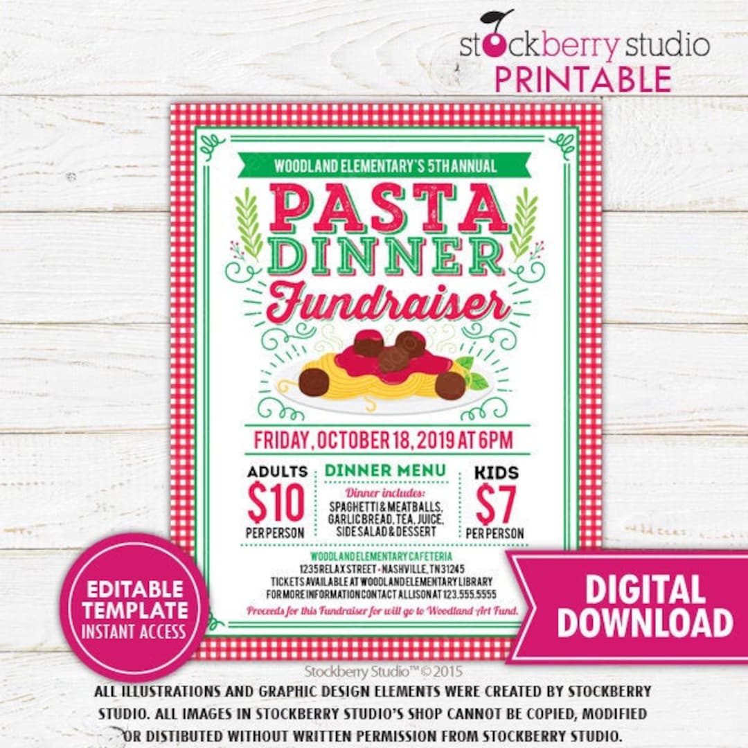 Pasta Fundraiser Dinner Flyer Printable Template Spaghetti Fundraiser ...