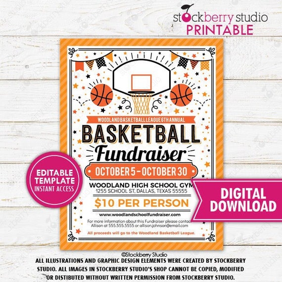 Basketball Fundraiser Flyer Printable Tournament School PTO PTA Benefit Event Invite Editable Template Digital Download Il_570xn