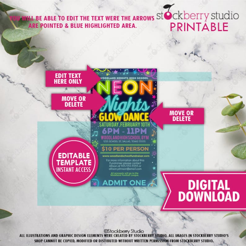 Neon Nights Glow Dance Flyer Ticket Set Printable High School Party ...