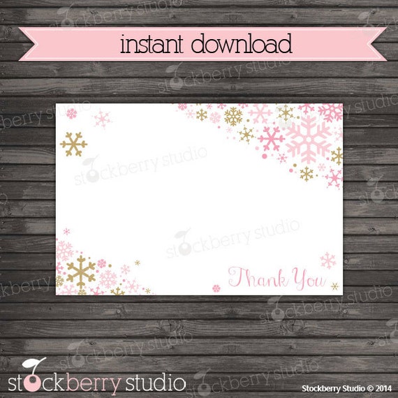 Winter Wonderland Baby Shower Thank You Cards - Pink and Gold Baby Shower Snowflake Note Card - Instant Download - Baby Shower Printable Il_570xn