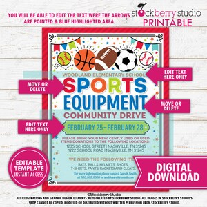 May include: Printable sports equipment community drive flyer with a red border. The flyer includes illustrations of a baseball, basketball, football, soccer ball, and baseball. Text includes "Sports Equipment Community Drive" and "Digital Download."