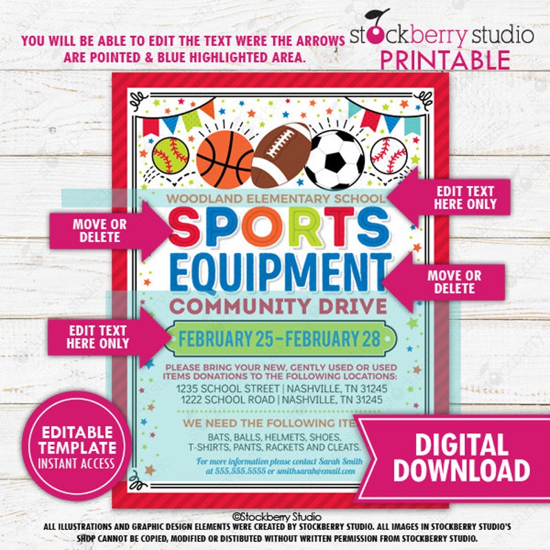 May include: Printable sports equipment community drive flyer with a red border. The flyer includes illustrations of a baseball, basketball, football, soccer ball, and baseball. Text includes "Sports Equipment Community Drive" and "Digital Download."
