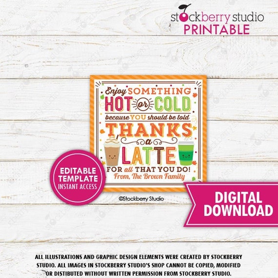 Fall Coffee Gift Tag Thanks a Latte Thanksgiving Autumn Teacher Staff Employee Nurse PTO PTA School Thank You Printable Editable Template Il_570xn