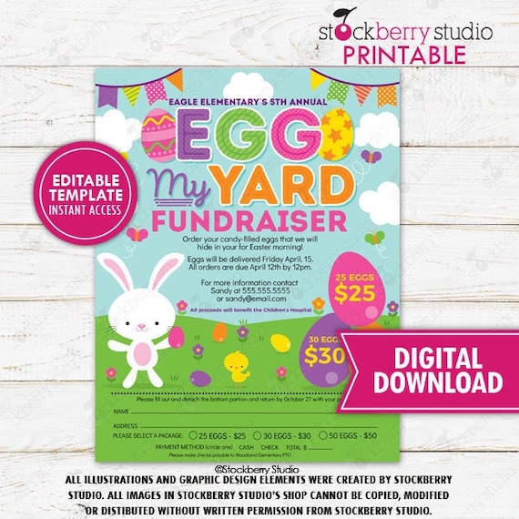 Egg My Yard Fundraiser Form Flyer Printable Kids Egg Hunt Bunny Spring Church Community Neighborhood Event School PTO PTA Editable Template Il_570xn
