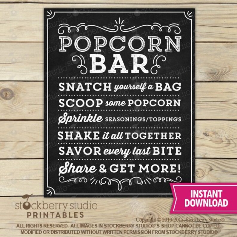 Popcorn Station Instant Download Popcorn Table Sign Popcorn Bar Wedding Sign Popcorn Sign Popcorn Bar Sign Printable