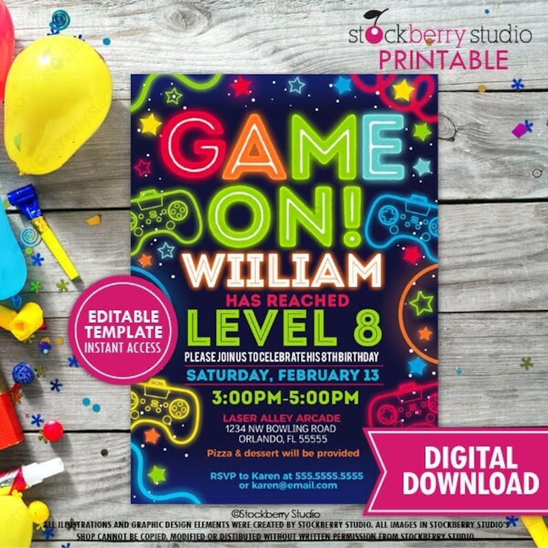 May include: A neon-colored printable invitation for a video game themed birthday party. The invitation features a blue background with neon green, yellow, and orange text that reads "Game On! William Has Reached Level 8". The invitation also includes a graphic of a video game controller and stars.
