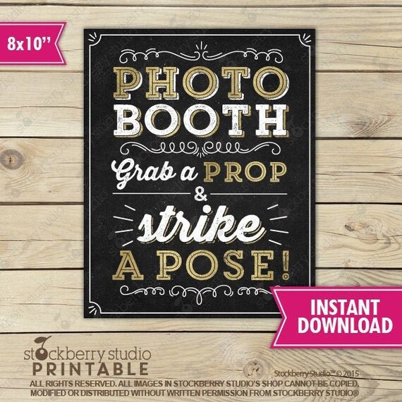 Photo Booth Sign Printable - Black and Gold Party Decor - Grab a Prop & Strike a Pose - Wedding Party Sign - Graduation Party - Guestbook Il_570xn