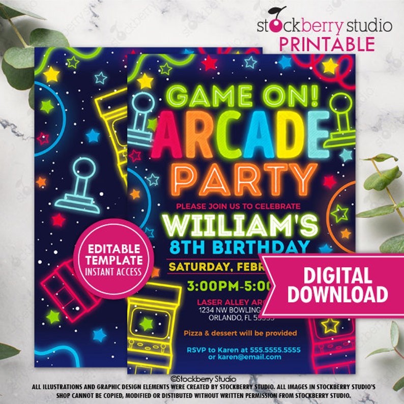 May include: A neon-coloured invitation for an arcade-themed birthday party. The invitation features a blue background with neon-coloured stars, game controllers, and arcade game graphics. The text reads "Game On! Arcade Party" and "William's 8th Birthday".