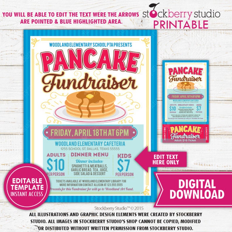 Pancake Breakfast Fundraiser Flyer Ticket PTA PTO School Fundraiser Church Charity Event Invite Template Printable Instant Download Editable image 2