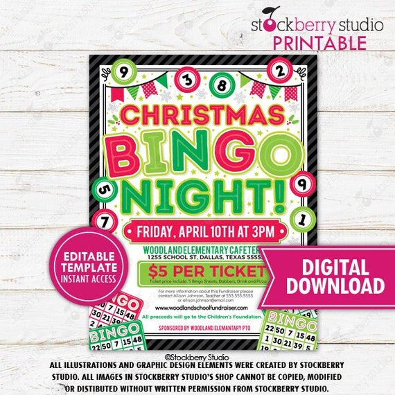Christmas Bingo Night Flyer Fundraiser Community Event Invitation Church Invite Family School PTA PTO Printable Template Editable Digital Il_570xn