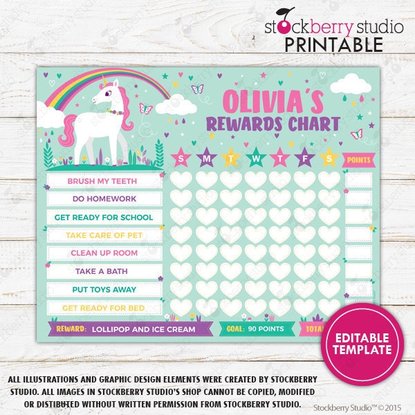 unicorn reward chart editable girls chore chart daily etsy