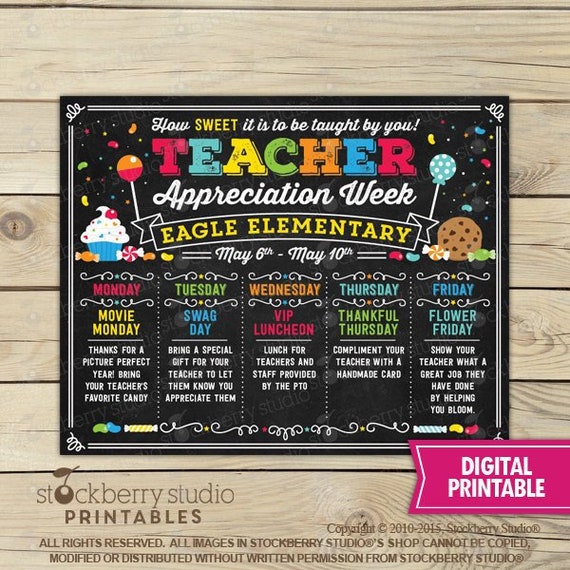Candy Sweet Teacher Appreciation Week Poster - Teacher Appreciation Week Itinerary Printable - Teacher Appreciation Week Schedule Events Il_570xn